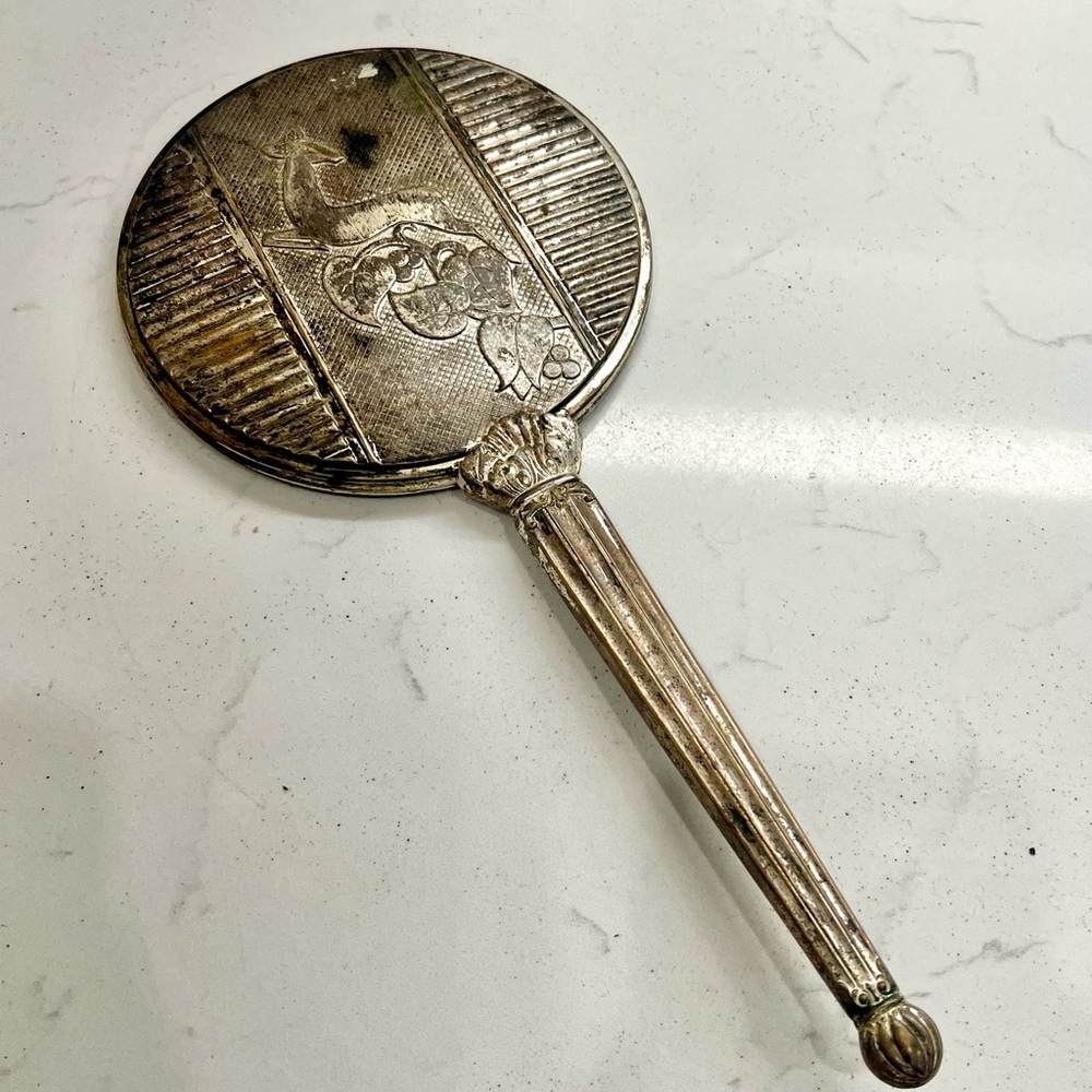 Antique Art Noveau Gilt Doe Leaf And Berry Hand Vanity Mirror Early 1900s